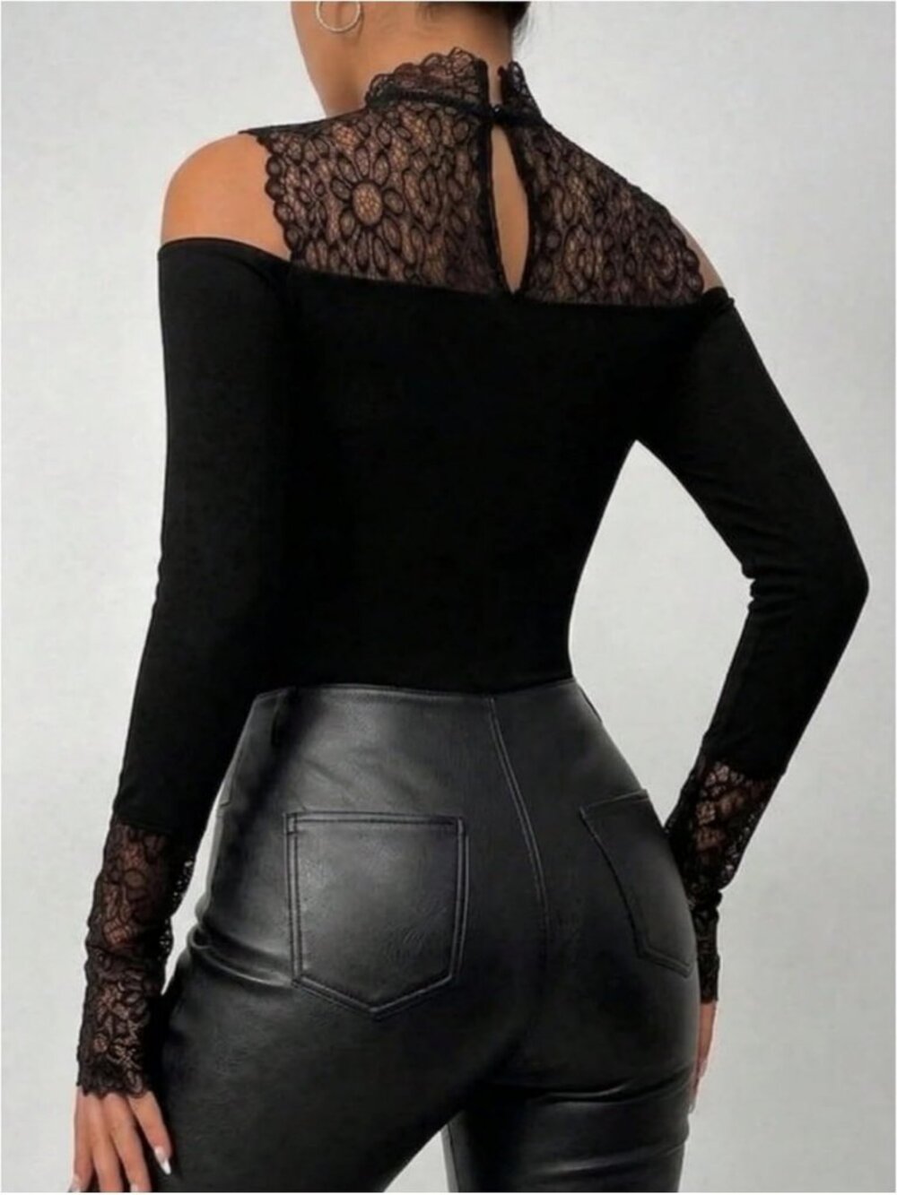 Lace Cold Shoulder Long Sleeve Mock Neck Top | Goth Y2K Style for Women - Picture 2 of 5